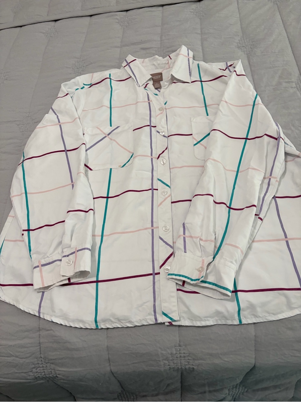 Chico's White Button-Down Shirt with Teal, Burgundy & Lilac Grid